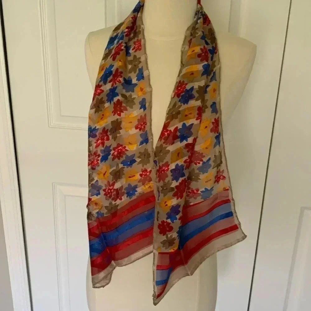 Floral print, silk scarf, red blue, yellow, and tan